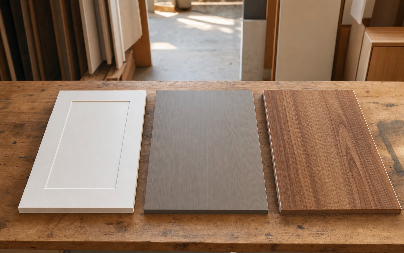 Custom kitchen joinery Newcastle NSW showing 2-pac, Polytec laminate and timber veneer door finishes side by side