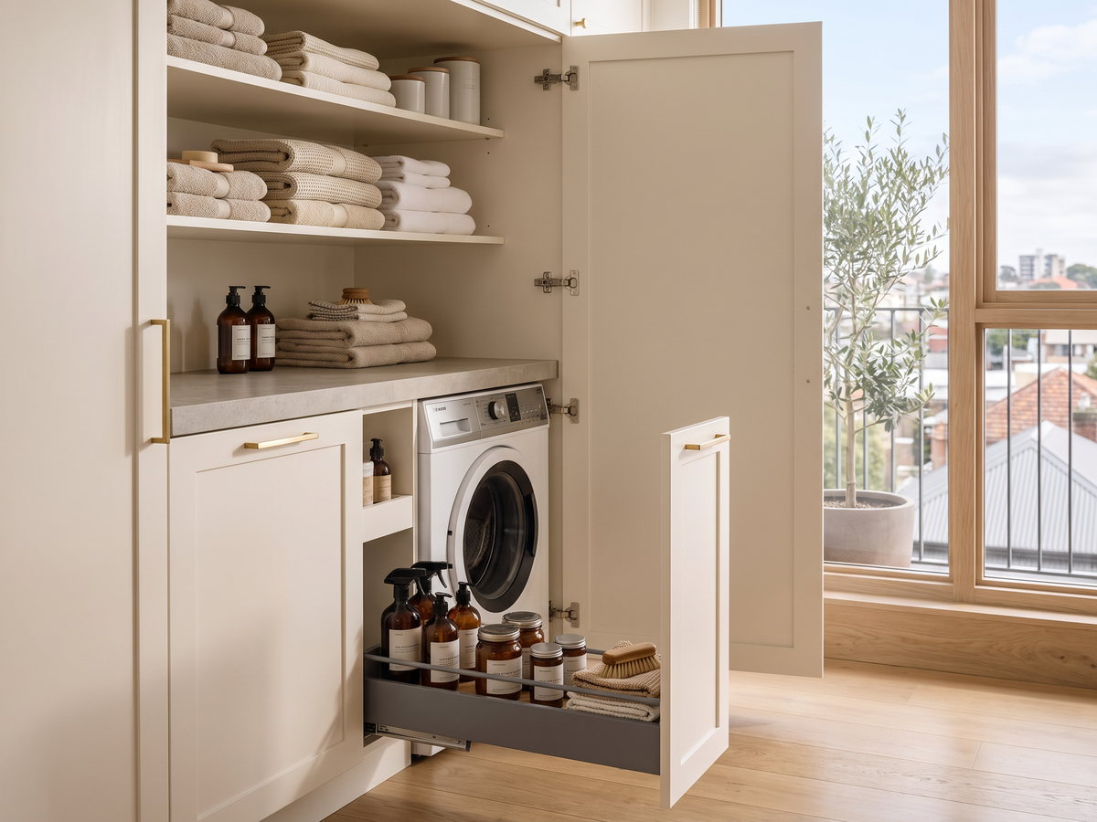 Compact apartment laundry cupboard with stacked washer dryer and overhead storage