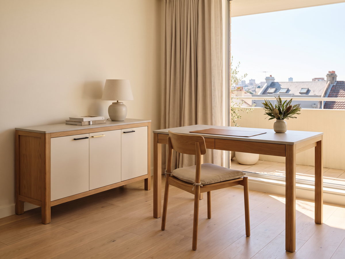 Freestanding timber desk and cabinet designed for a small Sydney apartment