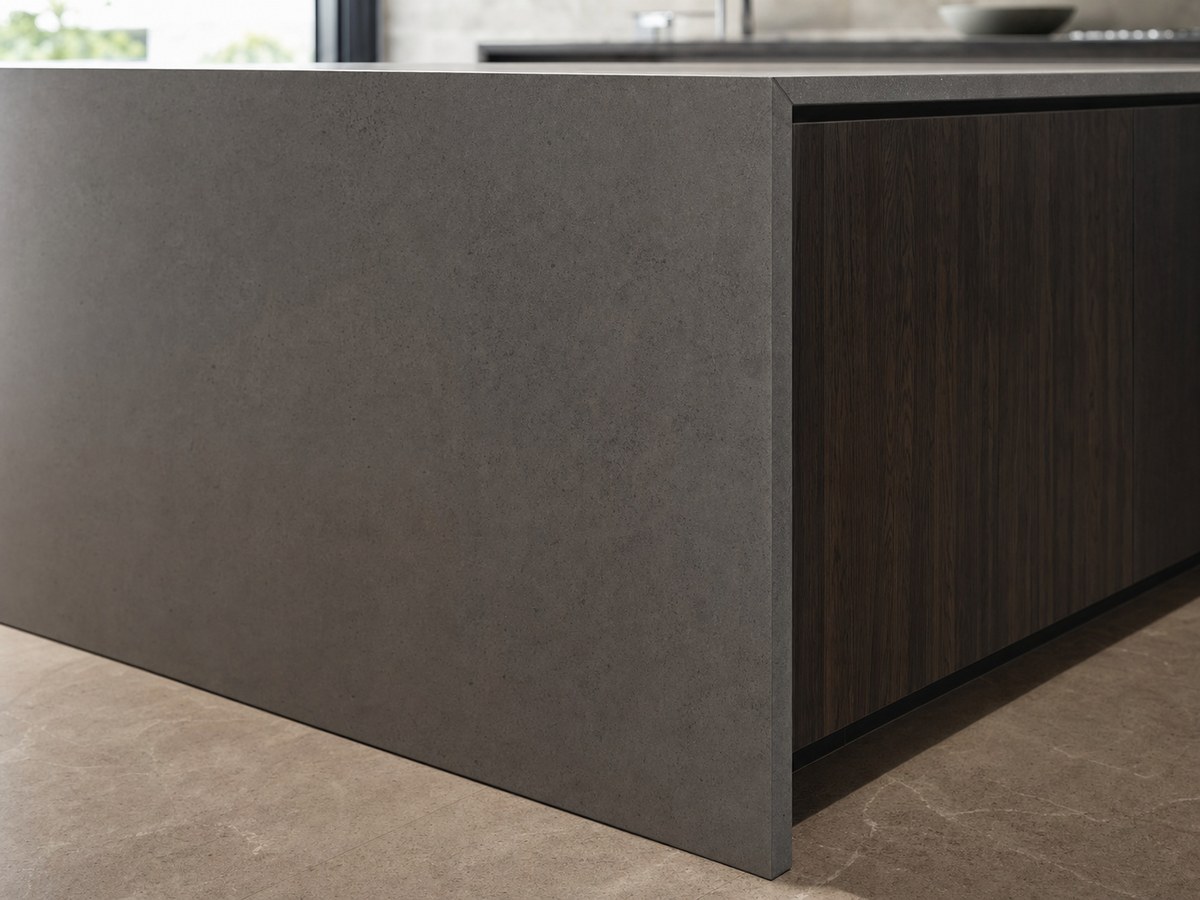 Sintered stone benchtop in a custom kitchen joinery Newcastle NSW — Dekton slab with dark timber cabinetry — context