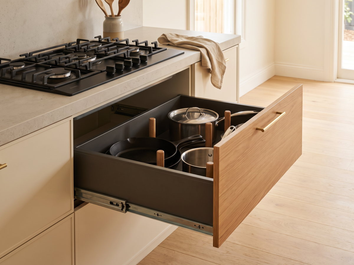Deep organised kitchen drawers beside a cooktop in Newcastle NSW