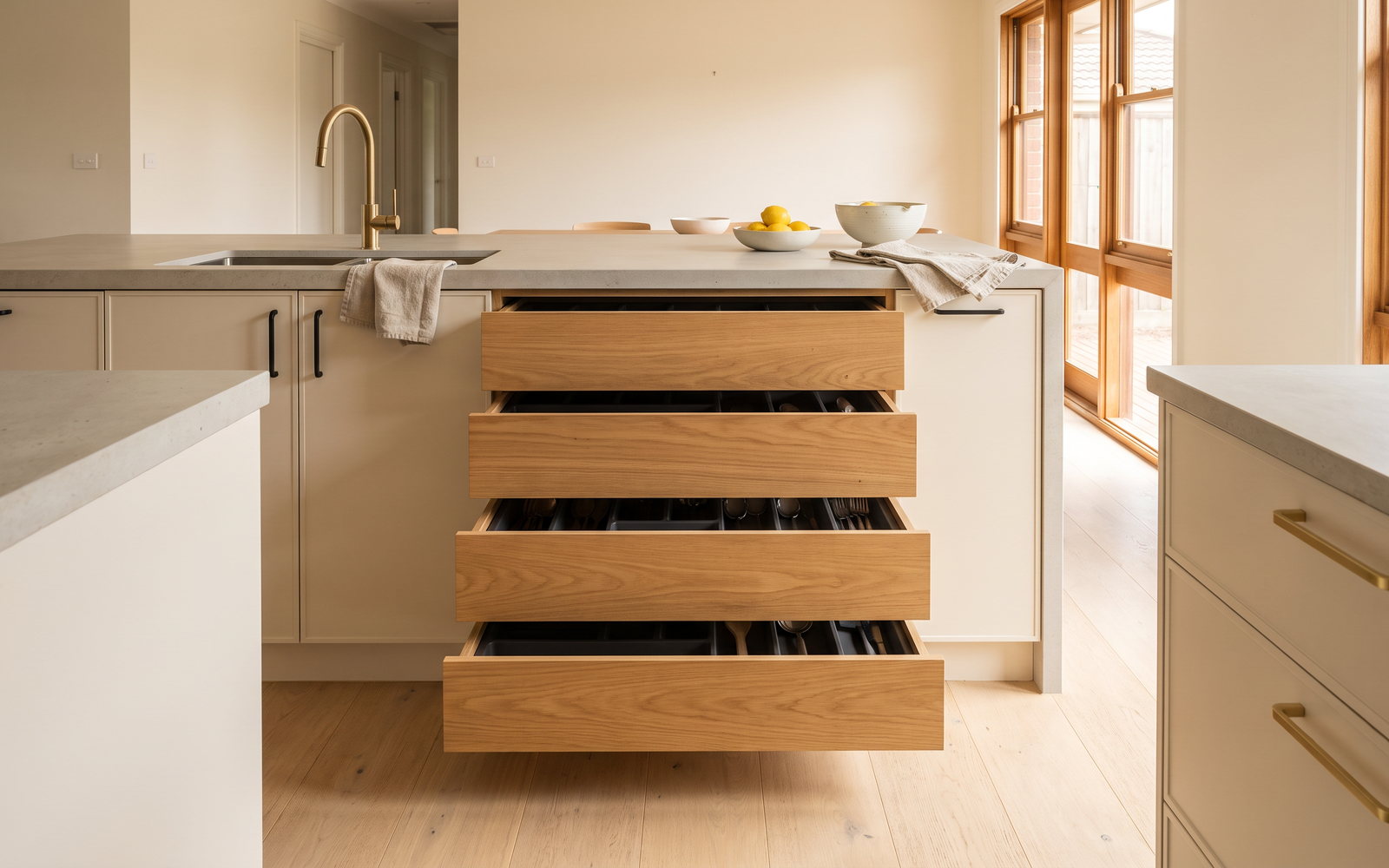 Joiner checking drawer alignment in a finished Central Coast kitchen
