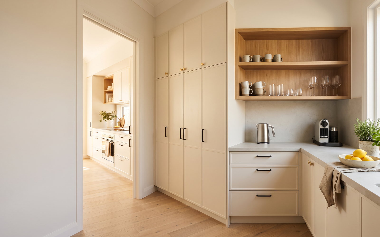butlers pantry cost in New South Wales — SteepWood custom joinery Butler's pantry joinery in Sydney NSW with tall storage and appliance bench