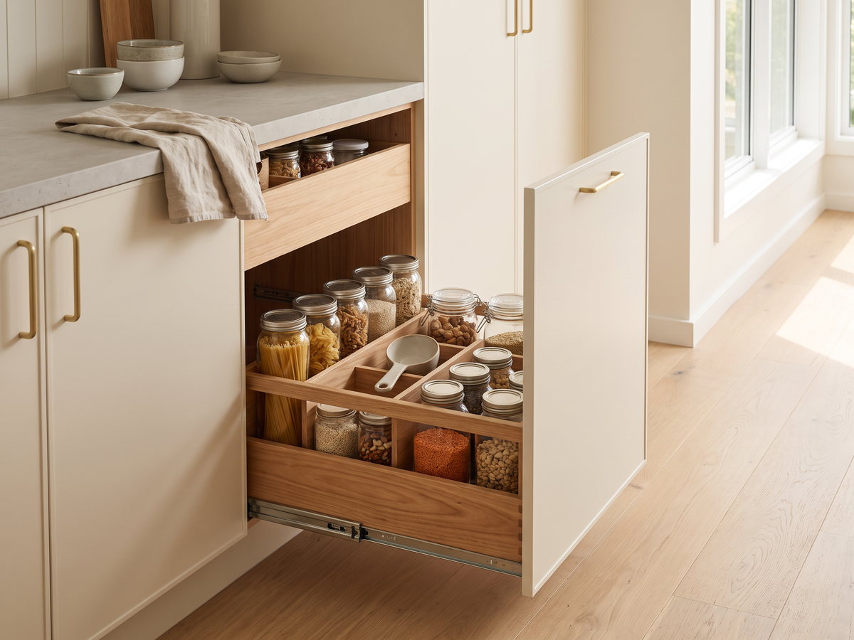 butlers pantry cost in New South Wales — SteepWood custom joinery Tall pantry drawers and soft-close hardware beside secondary kitchen bench