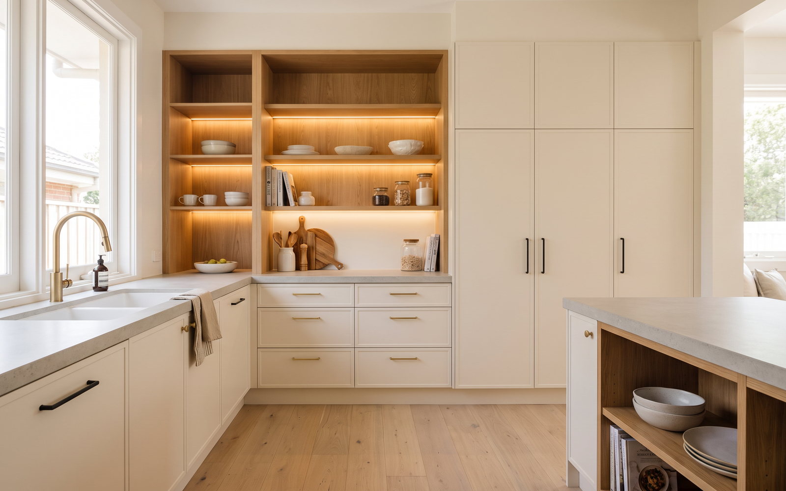 butlers pantry cost in New South Wales — SteepWood custom joinery Finished NSW butler’s pantry with utility sink, shelf lighting and storage