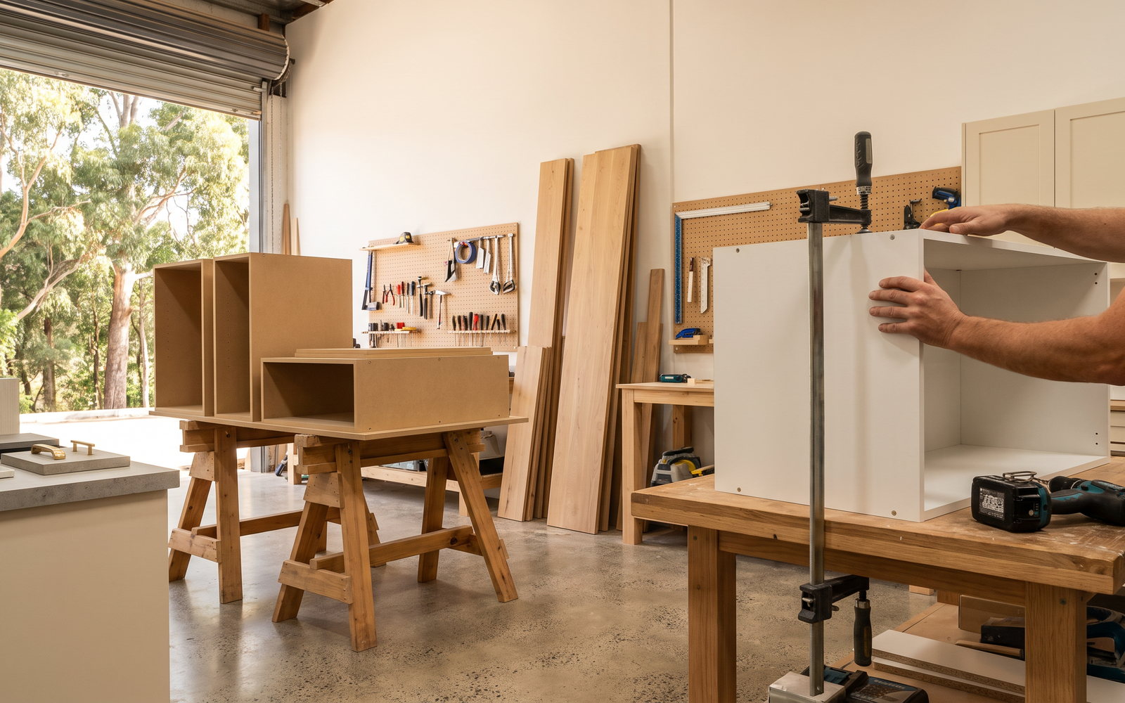cabinetmaker hourly rate in New South Wales — SteepWood custom joinery Cabinetmaker assembling a custom cabinet carcass inside a Newcastle NSW workshop