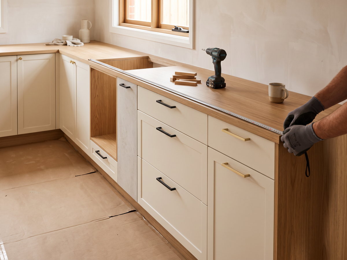 cabinetmaker hourly rate in New South Wales — SteepWood custom joinery Cabinetmaker measuring installed kitchen cabinetry in a Newcastle home