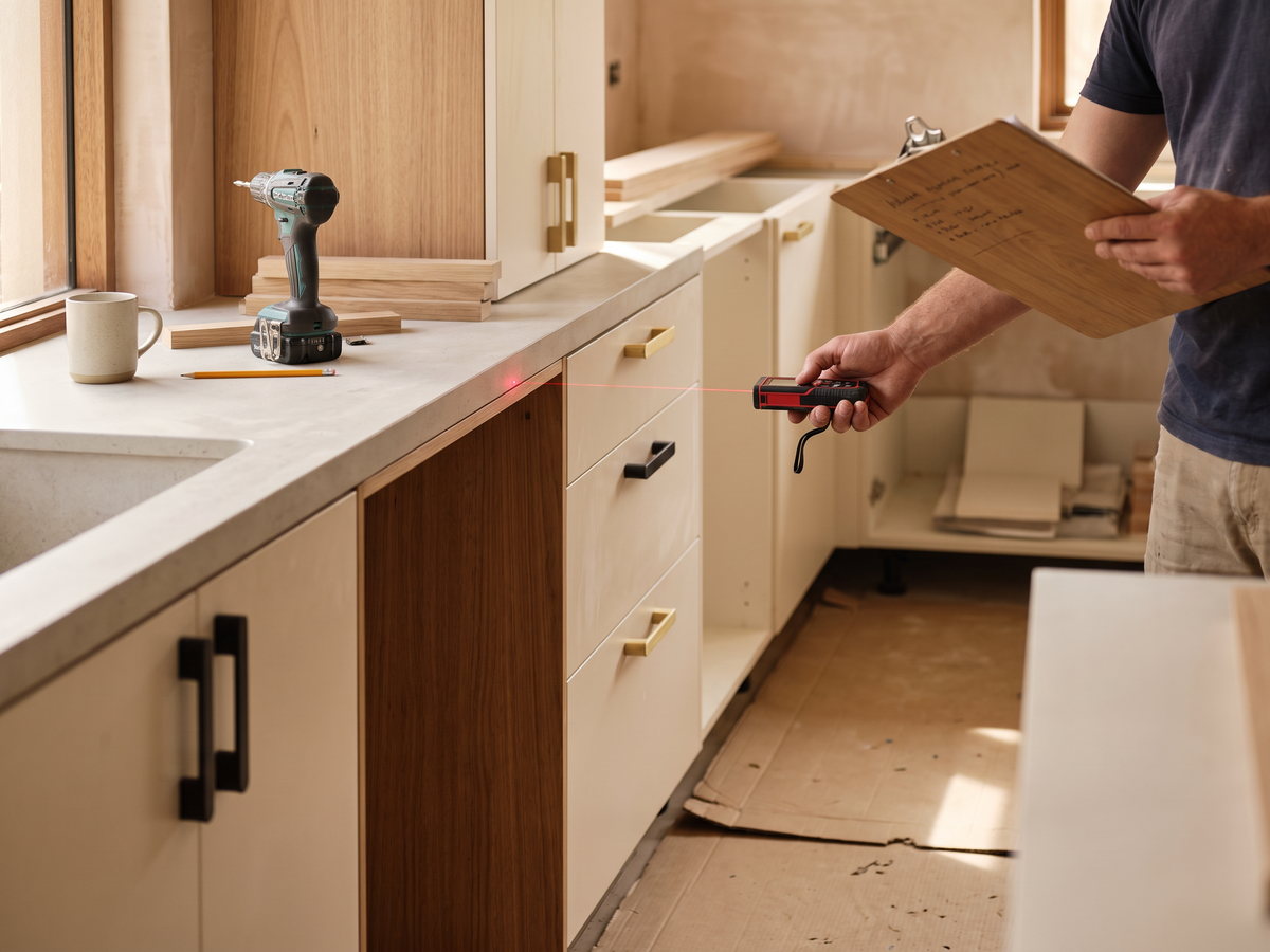 cabinetry cost per linear metre in New South Wales — SteepWood custom joinery Joiner measuring a kitchen wall run before itemised custom cabinetry quote