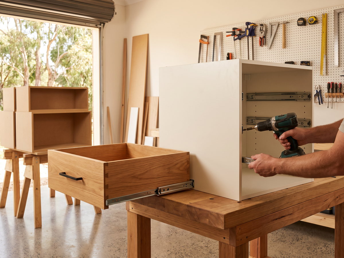 cabinetry cost per linear metre in New South Wales — SteepWood custom joinery Soft-close drawer hardware installed in laminate kitchen base cabinet