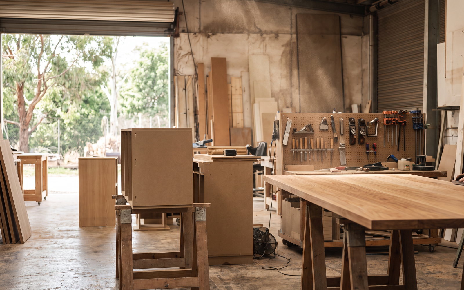 custom timber furniture cost in Australia — SteepWood custom joinery Custom Blackbutt dining table being sanded in Newcastle furniture workshop