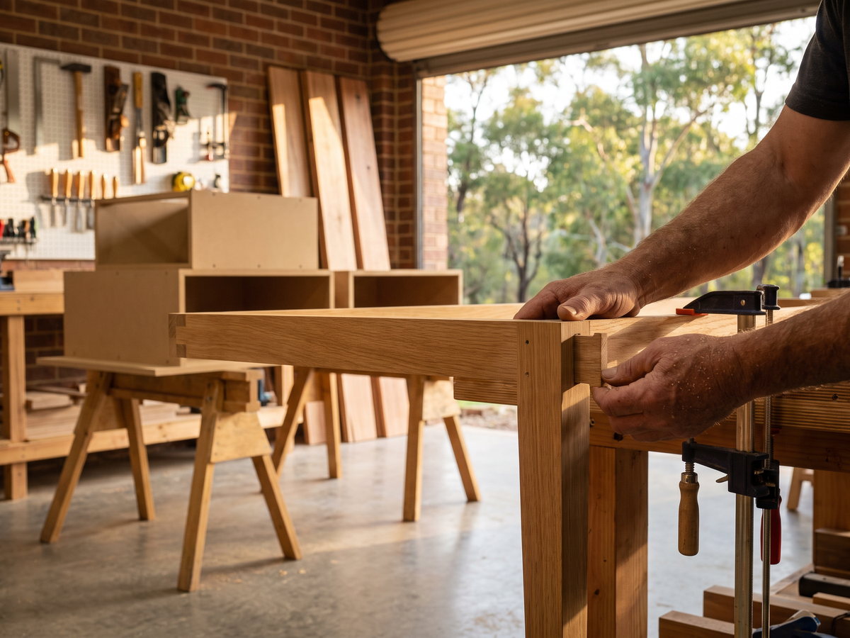 custom timber furniture cost in Australia — SteepWood custom joinery Joiner fitting traditional timber table frame joint at workshop bench