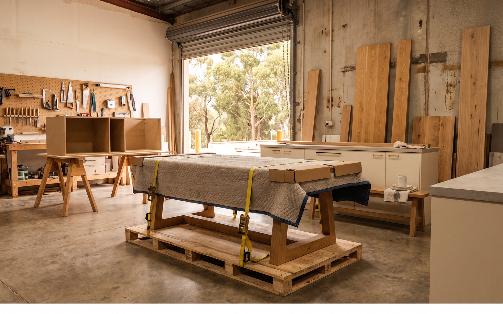 custom timber furniture cost in Australia — SteepWood custom joinery Large custom timber dining table prepared for protected interstate furniture freight