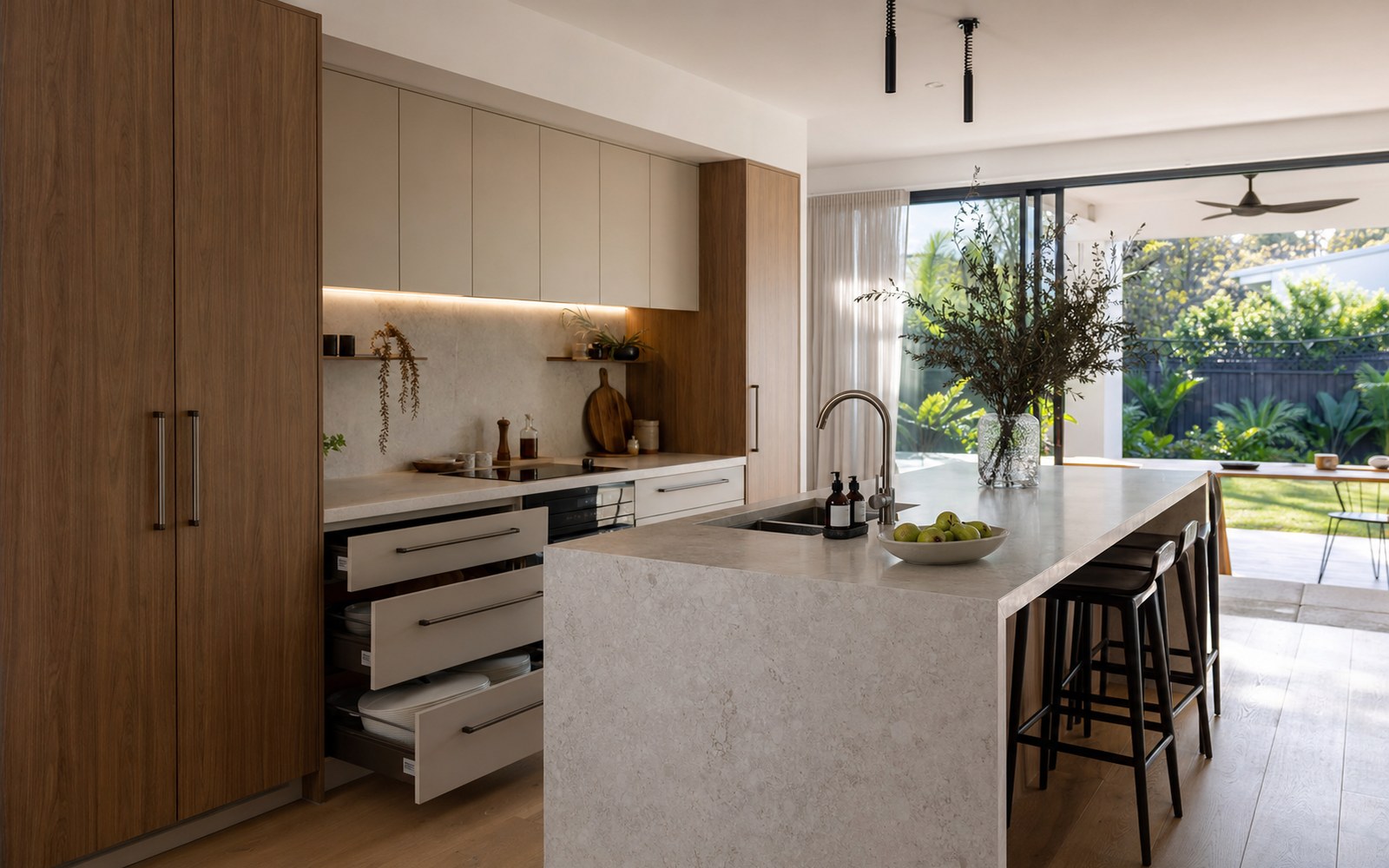 Custom kitchen joinery with Blum hardware and Polytec SYNC doors built in a Newcastle NSW workshop — feature