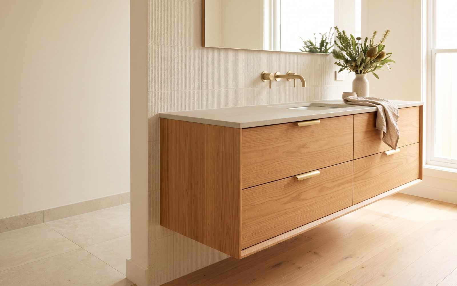 floating vanity cost in New South Wales — SteepWood custom joinery Floating timber vanity with twin drawers in a Newcastle NSW bathroom