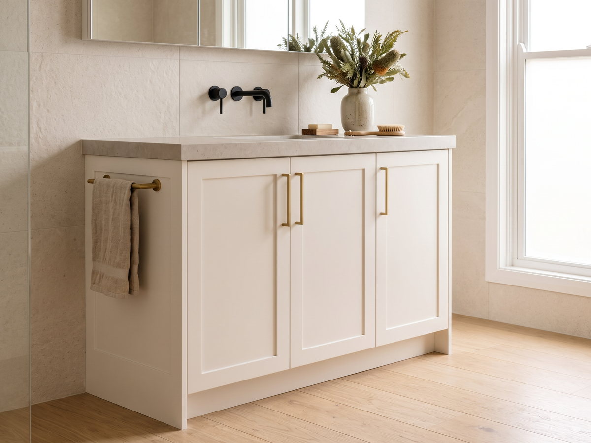 floating vanity cost in New South Wales — SteepWood custom joinery Floor-mounted vanity with porcelain top in a renovated Newcastle bathroom