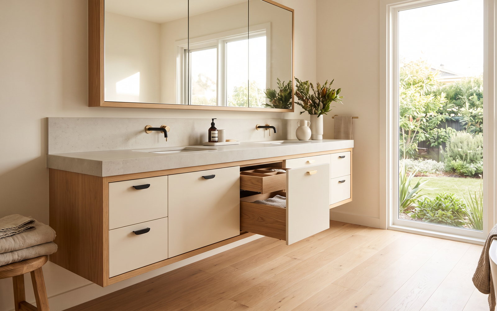 floating vanity cost in New South Wales — SteepWood custom joinery Floating vanity and tiled floor detail in a coastal NSW bathroom
