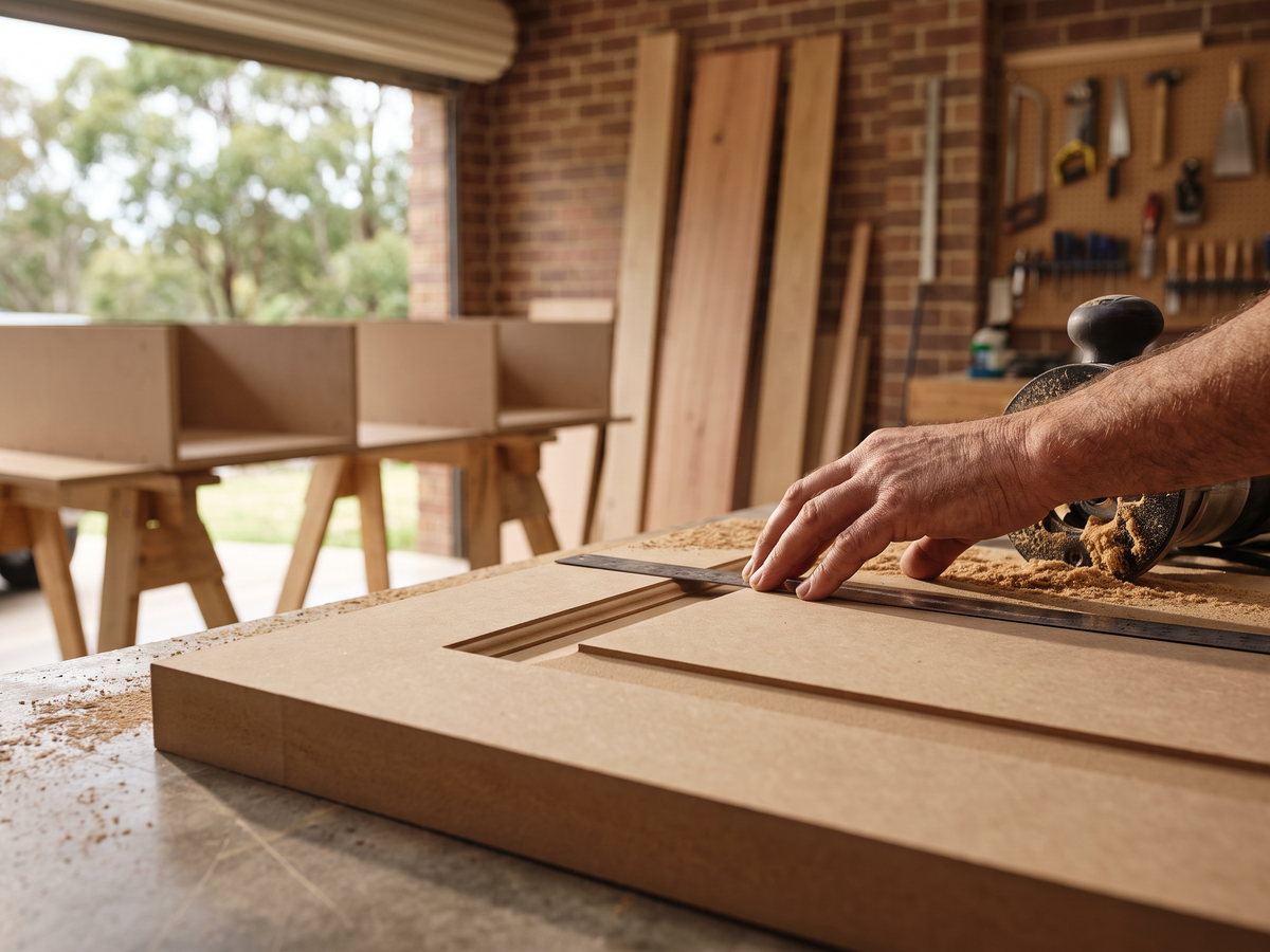 Hamptons kitchen cost in New South Wales — SteepWood custom joinery Joiner checking routed shaker door profile in a Newcastle workshop