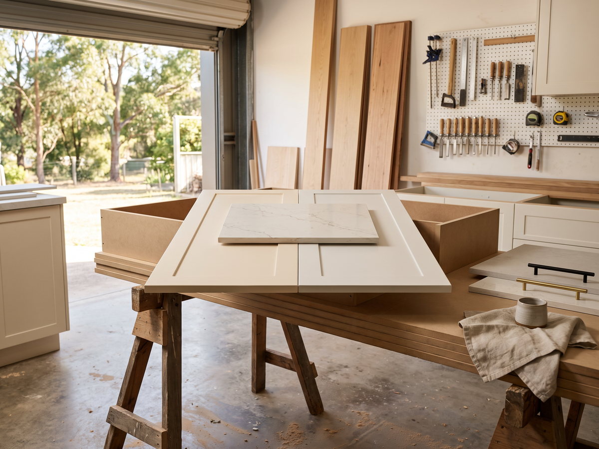 Hamptons kitchen cost in New South Wales — SteepWood custom joinery Porcelain benchtop sample beside painted kitchen cabinet door panels