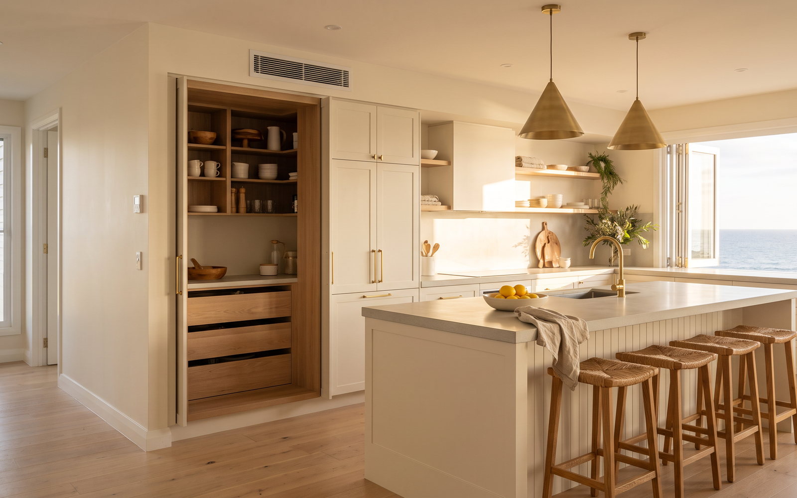 Hamptons kitchen cost in New South Wales — SteepWood custom joinery Coastal NSW Hamptons kitchen with fitted pantry and panelled island back