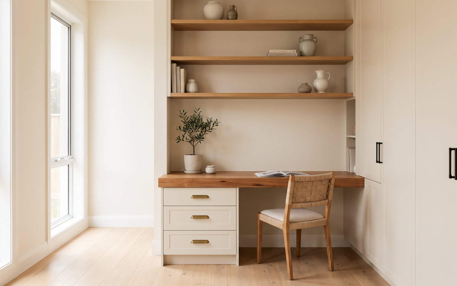 home office joinery cost in New South Wales — SteepWood custom joinery Built-in NSW home office with timber desk, drawers and wall storage