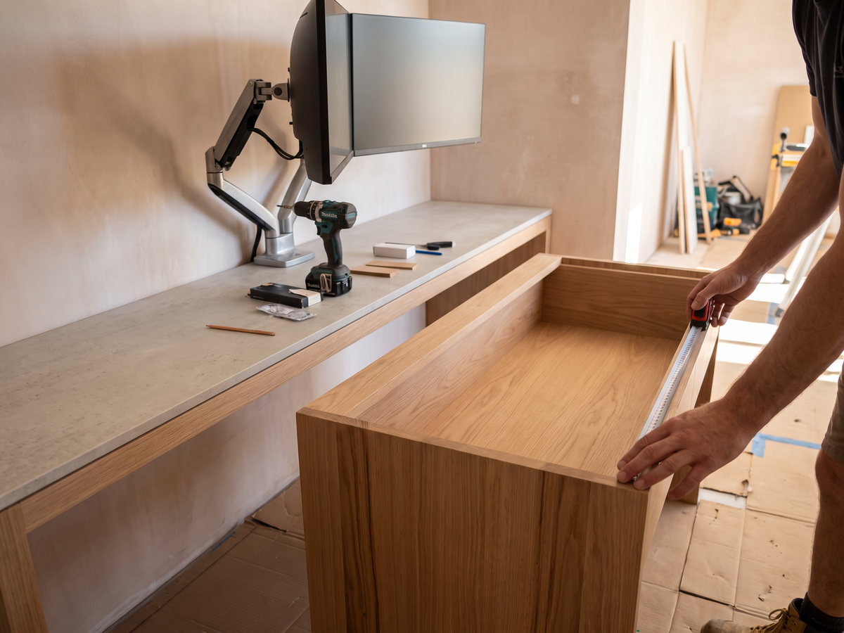 home office joinery cost in New South Wales — SteepWood custom joinery Joiner measuring desk depth for dual monitor home office installation