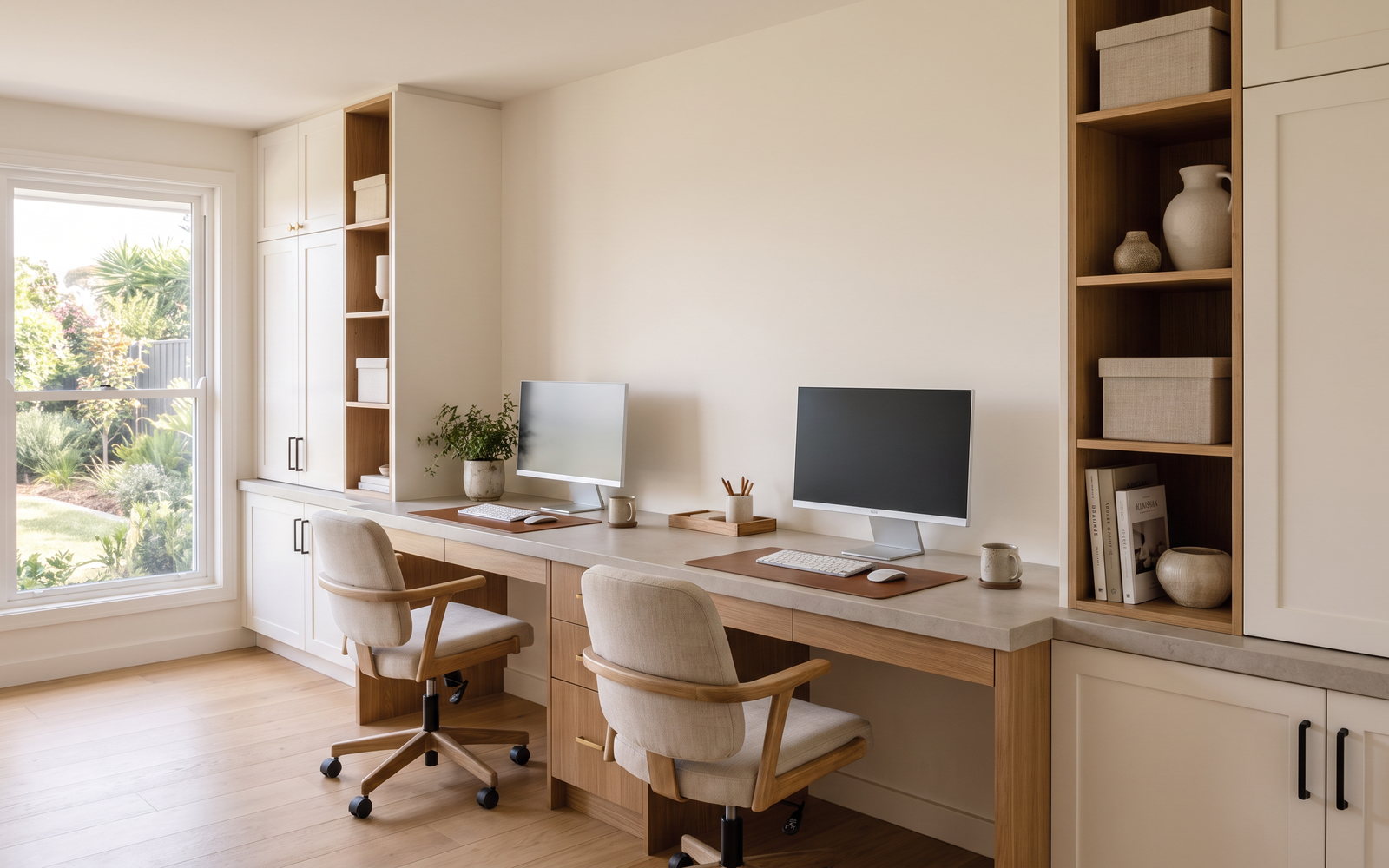home office joinery cost in New South Wales — SteepWood custom joinery Two-person built-in home office with tall joinery in Wollongong home