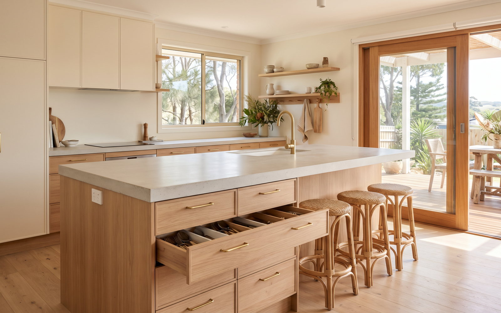 custom joinery Central Coast in Central Coast, New South Wales — SteepWood custom joinery Coastal Central Coast kitchen with pale timber joinery and island storage