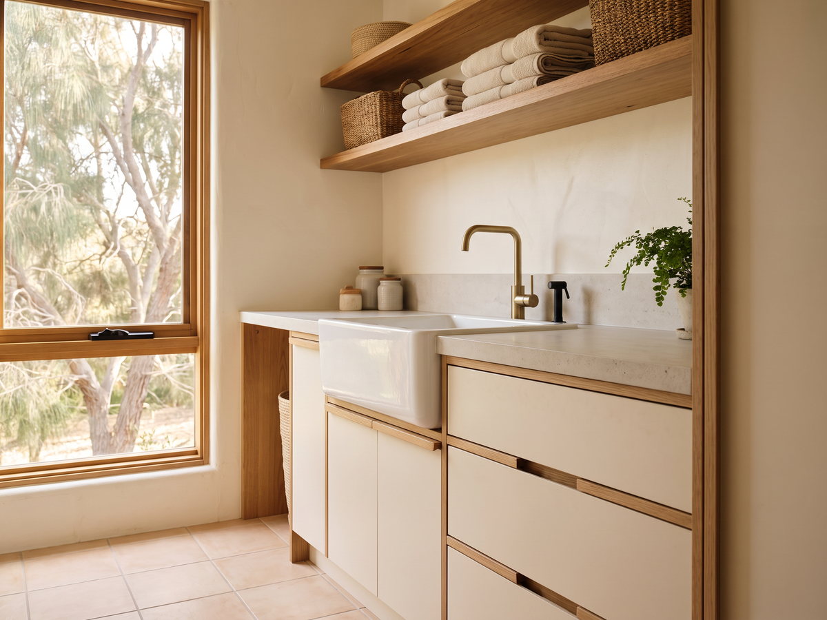custom joinery Central Coast in Central Coast, New South Wales — SteepWood custom joinery Moisture-resistant cabinetry installation in a practical beach-house laundry