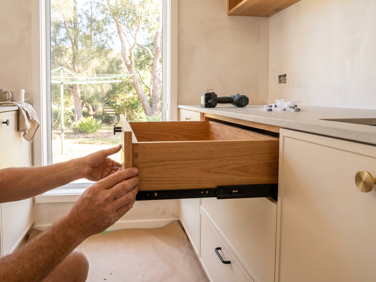 custom joinery Central Coast in Central Coast, New South Wales — SteepWood custom joinery Cabinetmaker checking drawer clearances beside Central Coast kitchen windows