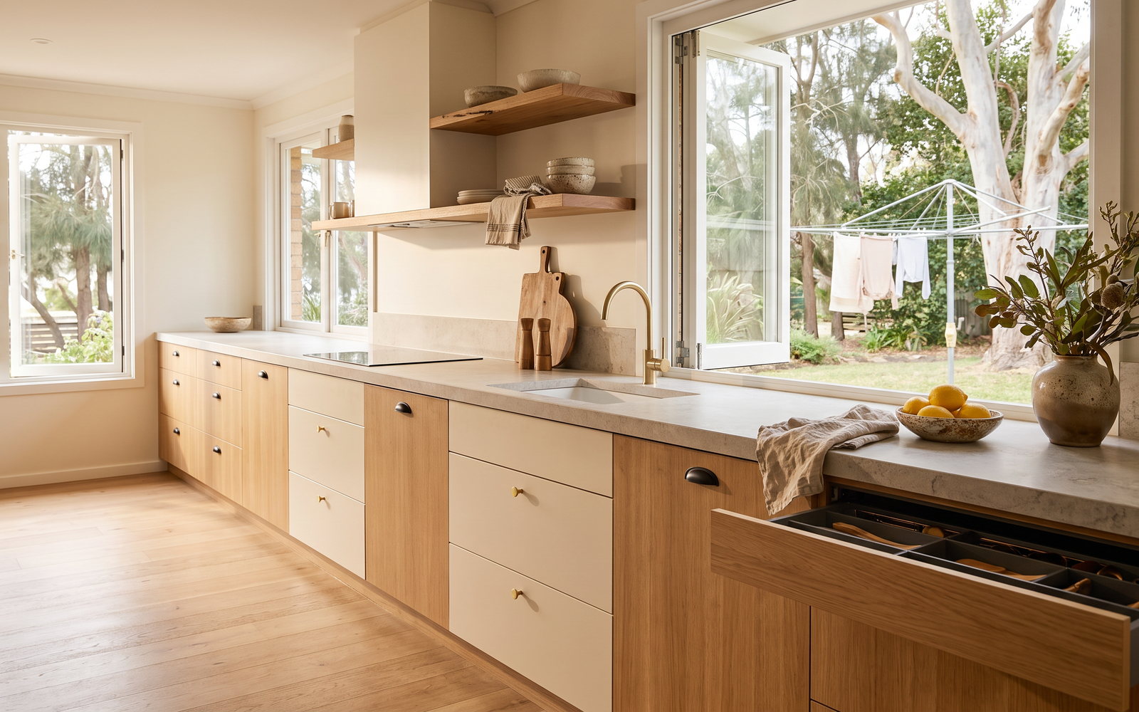 custom joinery Central Coast in Central Coast, New South Wales — SteepWood custom joinery Finished durable laminate kitchen overlooking a Central Coast garden