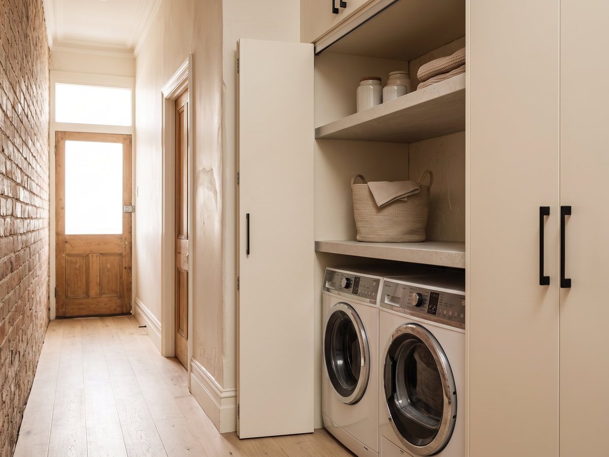 Compact corridor laundry cupboard with stacked appliances in a Sydney terrace