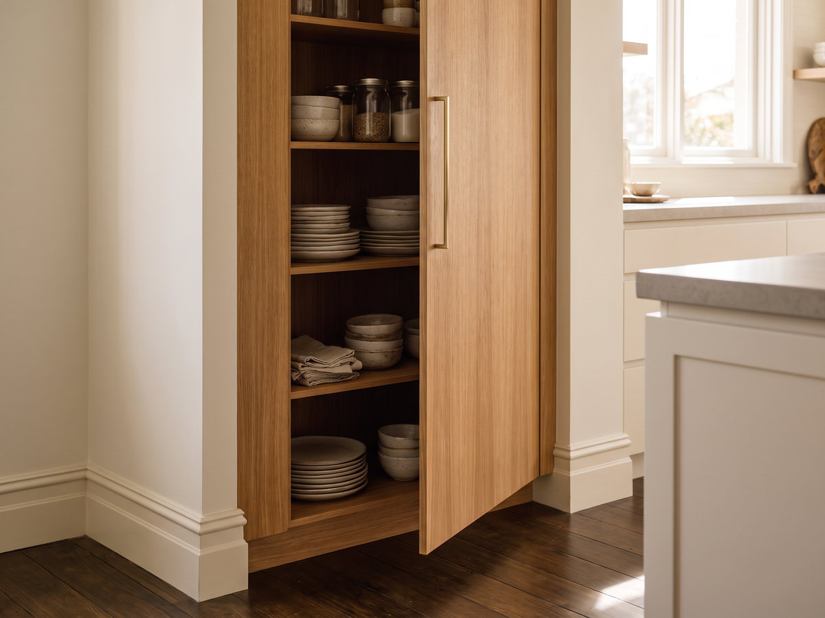 Timber veneer pantry and cabinetry inside a Cooks Hill terrace kitchen