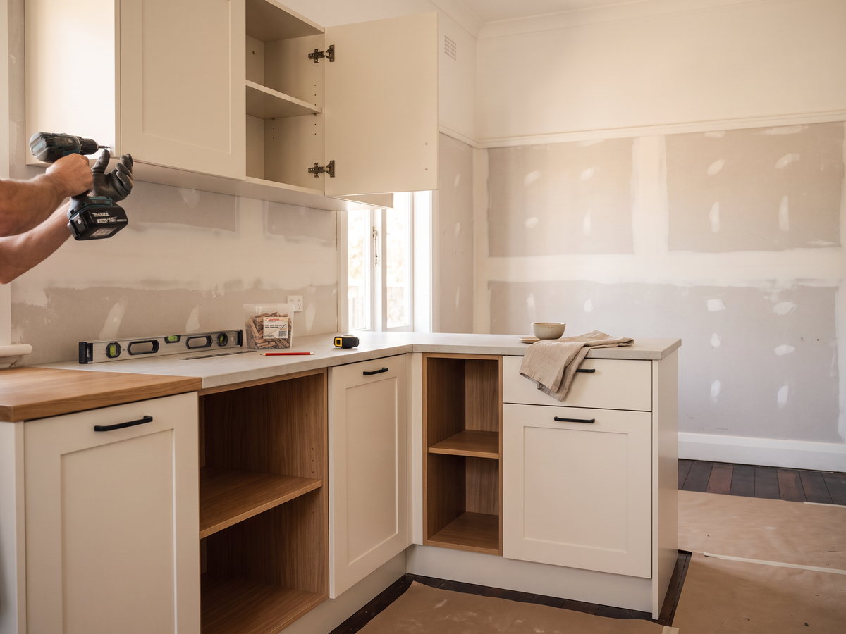 Joinery installer fitting laundry cabinets in a new Thornton home