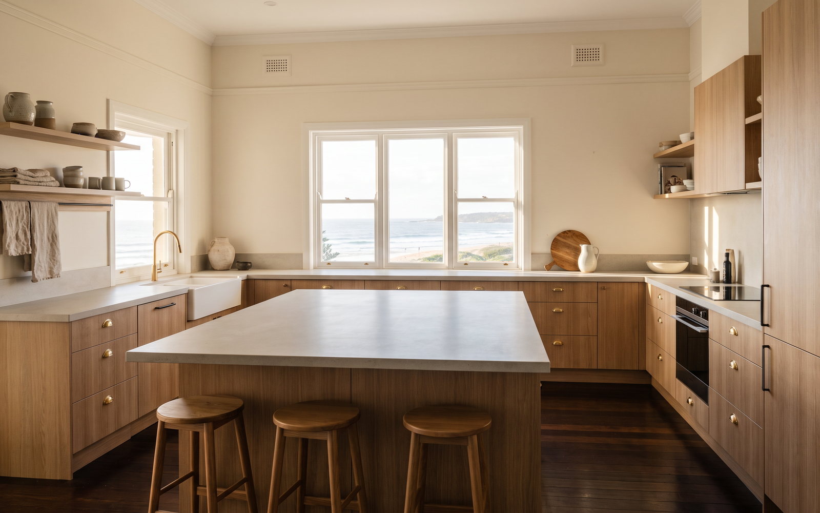 Finished coastal kitchen joinery with durable hardware near Merewether NSW