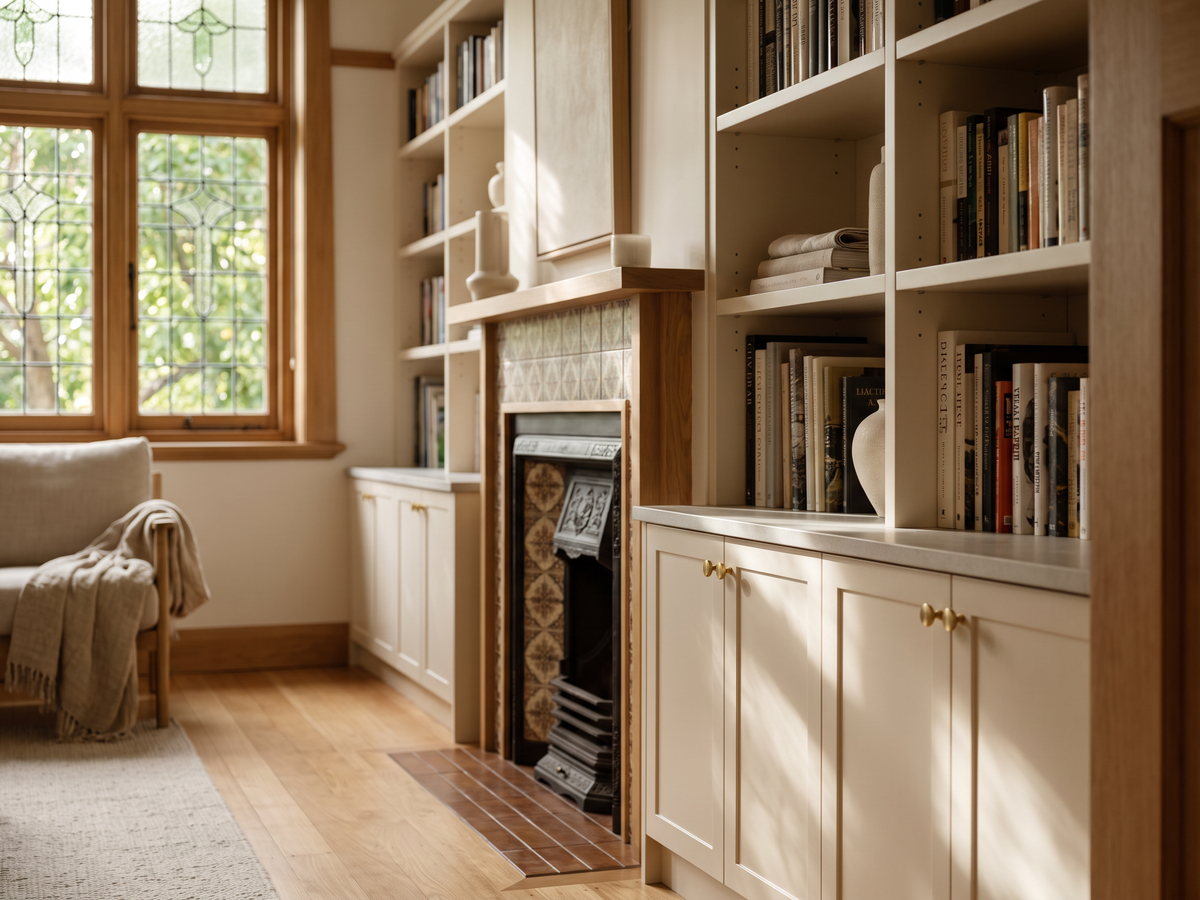custom joinery North Shore Sydney in North Shore, Sydney, New South Wales — SteepWood custom joinery Library joinery fitted into a Federation-style Upper North Shore living room