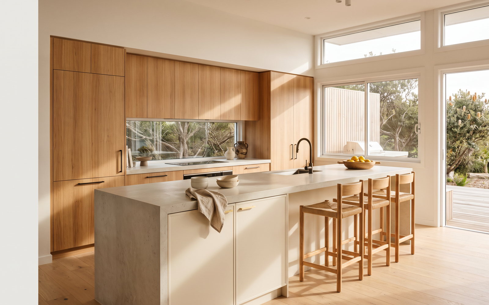 custom joinery Northern Beaches in Northern Beaches, Sydney, New South Wales — SteepWood custom joinery Northern Beaches kitchen with timber veneer panels and durable stone alternative