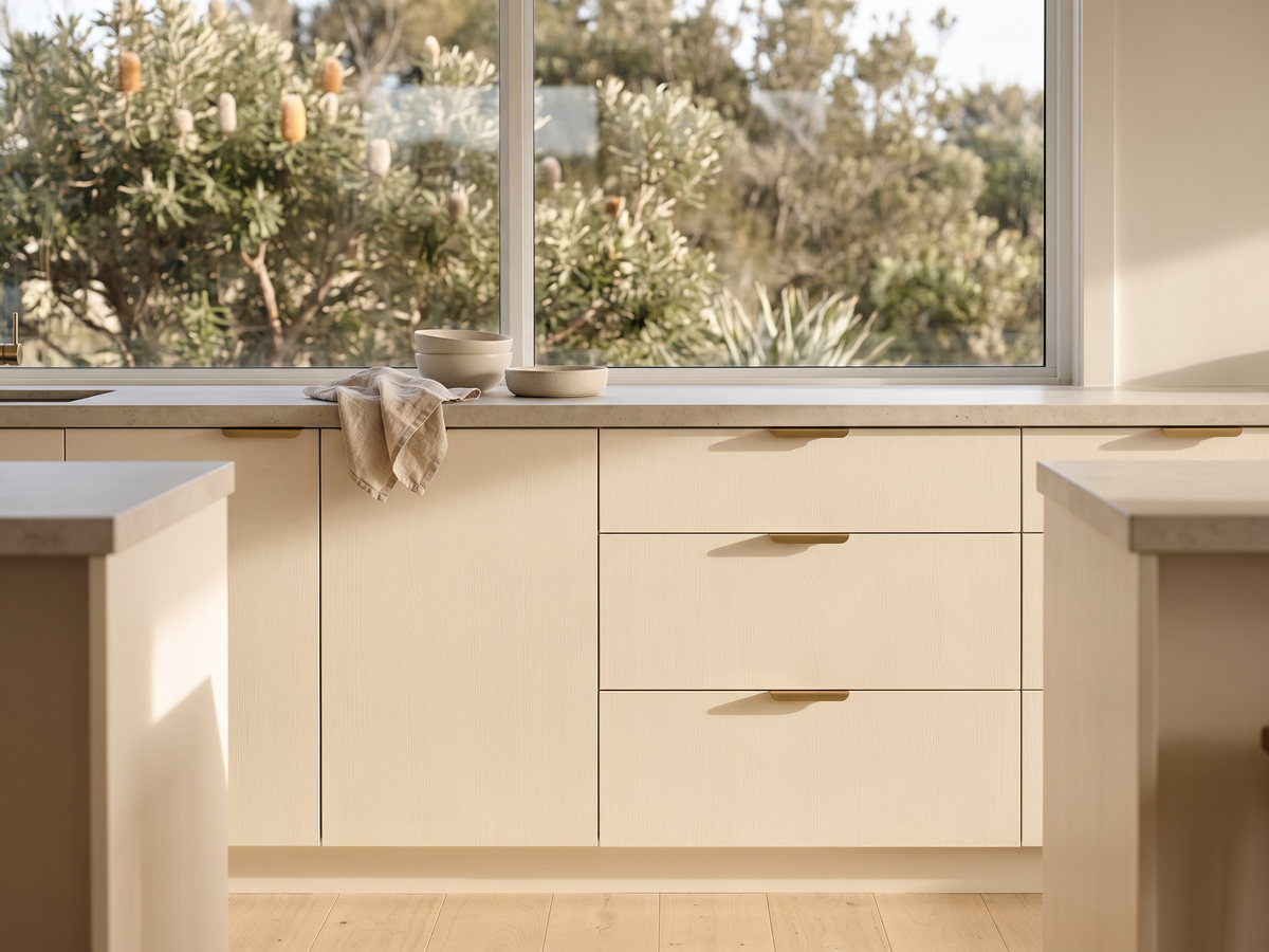 custom joinery Northern Beaches in Northern Beaches, Sydney, New South Wales — SteepWood custom joinery Matte laminate kitchen cabinetry near protected beach-house windows
