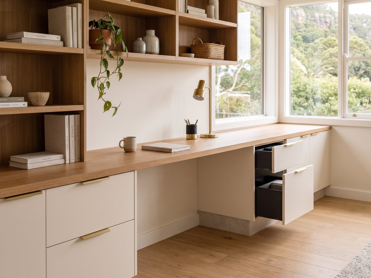 Home-office joinery fitted beside a bright Illawarra living room