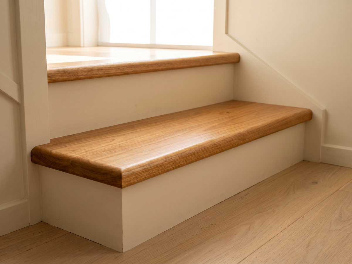 joinery timber species in New South Wales — SteepWood custom joinery Blackbutt stair tread with clear matte finish in a NSW home