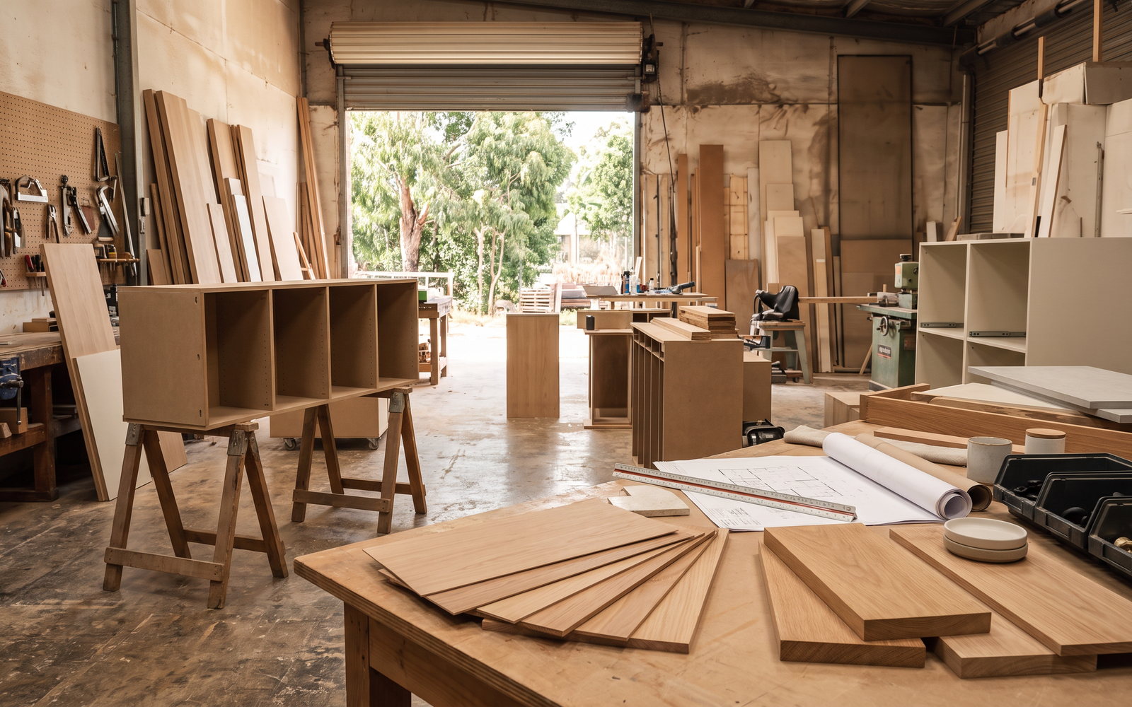 joinery timber species in New South Wales — SteepWood custom joinery Timber veneer and solid hardwood samples beside kitchen joinery drawings