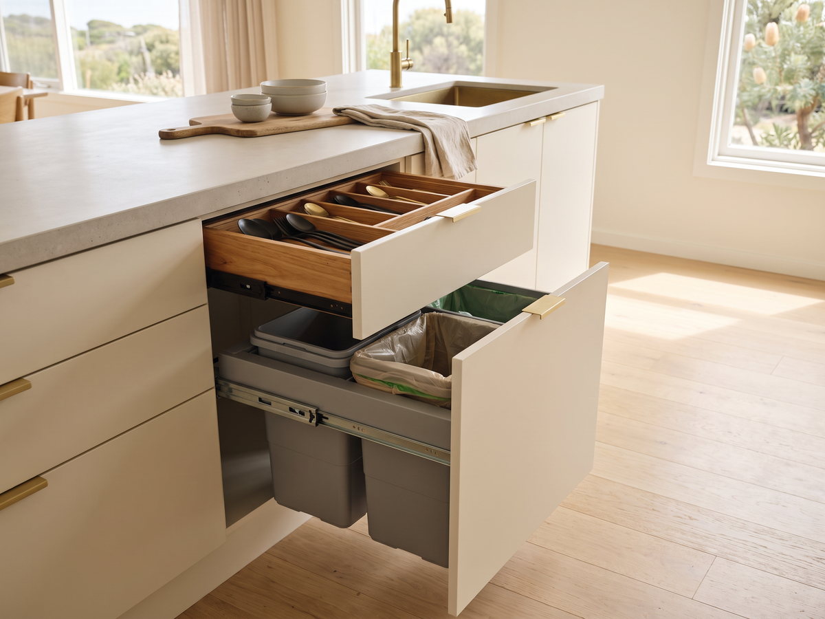 kitchen island cost in New South Wales — SteepWood custom joinery Kitchen island drawers and integrated bin pull-out in Newcastle NSW