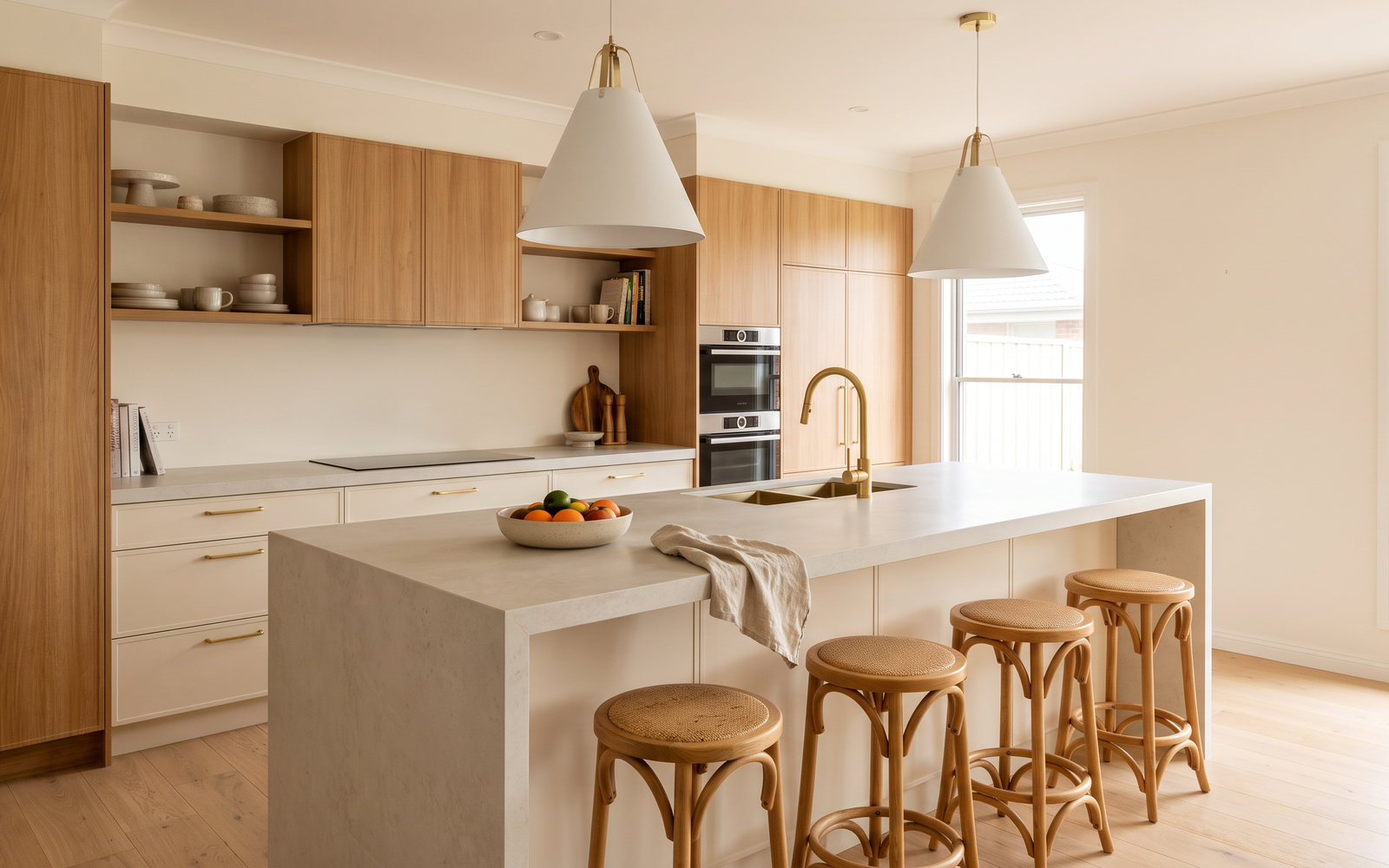 kitchen island cost in New South Wales — SteepWood custom joinery Island seating and pendant lights in a completed NSW custom kitchen