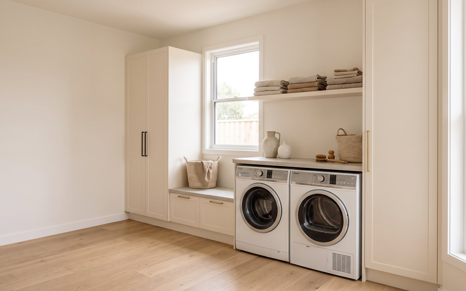 custom laundry joinery cost in New South Wales — SteepWood custom joinery Custom laundry joinery in Newcastle NSW with stacked storage and folding bench