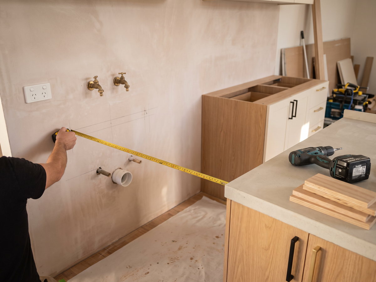 custom laundry joinery cost in New South Wales — SteepWood custom joinery Joiner measuring laundry wall services before custom cabinet manufacture in Newcastle