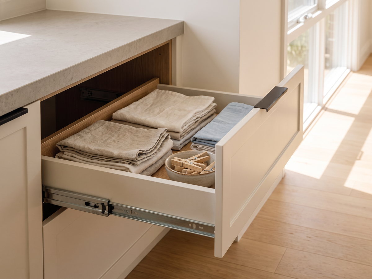 custom laundry joinery cost in New South Wales — SteepWood custom joinery Soft-close laundry drawers and laminate benchtop in a Central Coast home