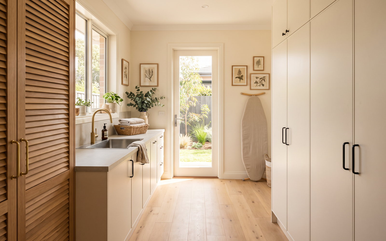 custom laundry joinery cost in New South Wales — SteepWood custom joinery Walk-through NSW laundry with drying cupboard, tall storage and utility sink