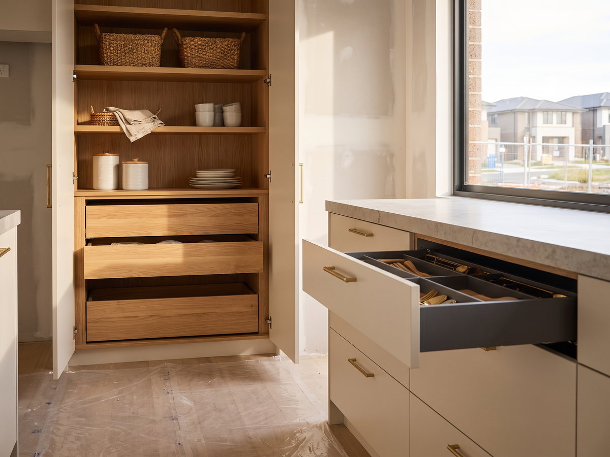 Full-height pantry and drawer storage in a new Box Hill family kitchen