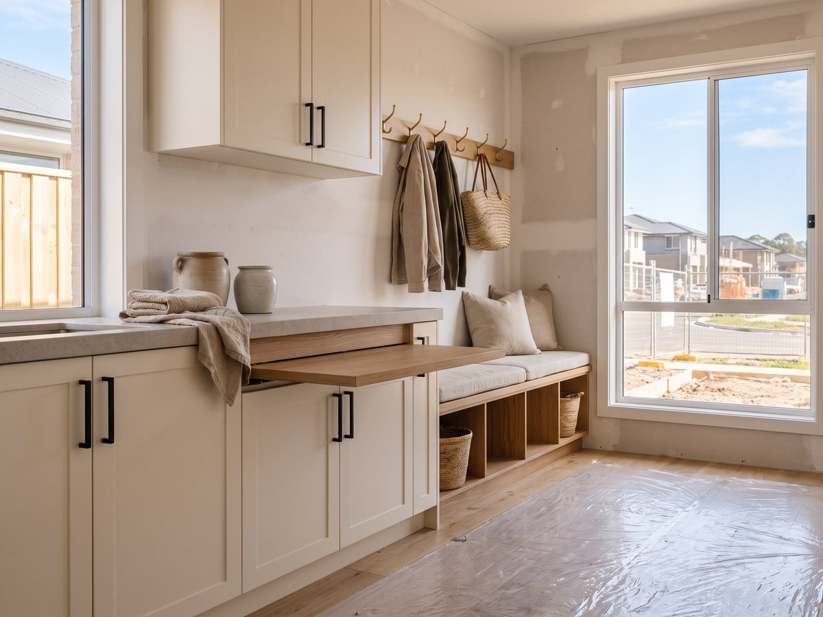 Laundry cabinetry and mudroom bench installed in a Sydney project home