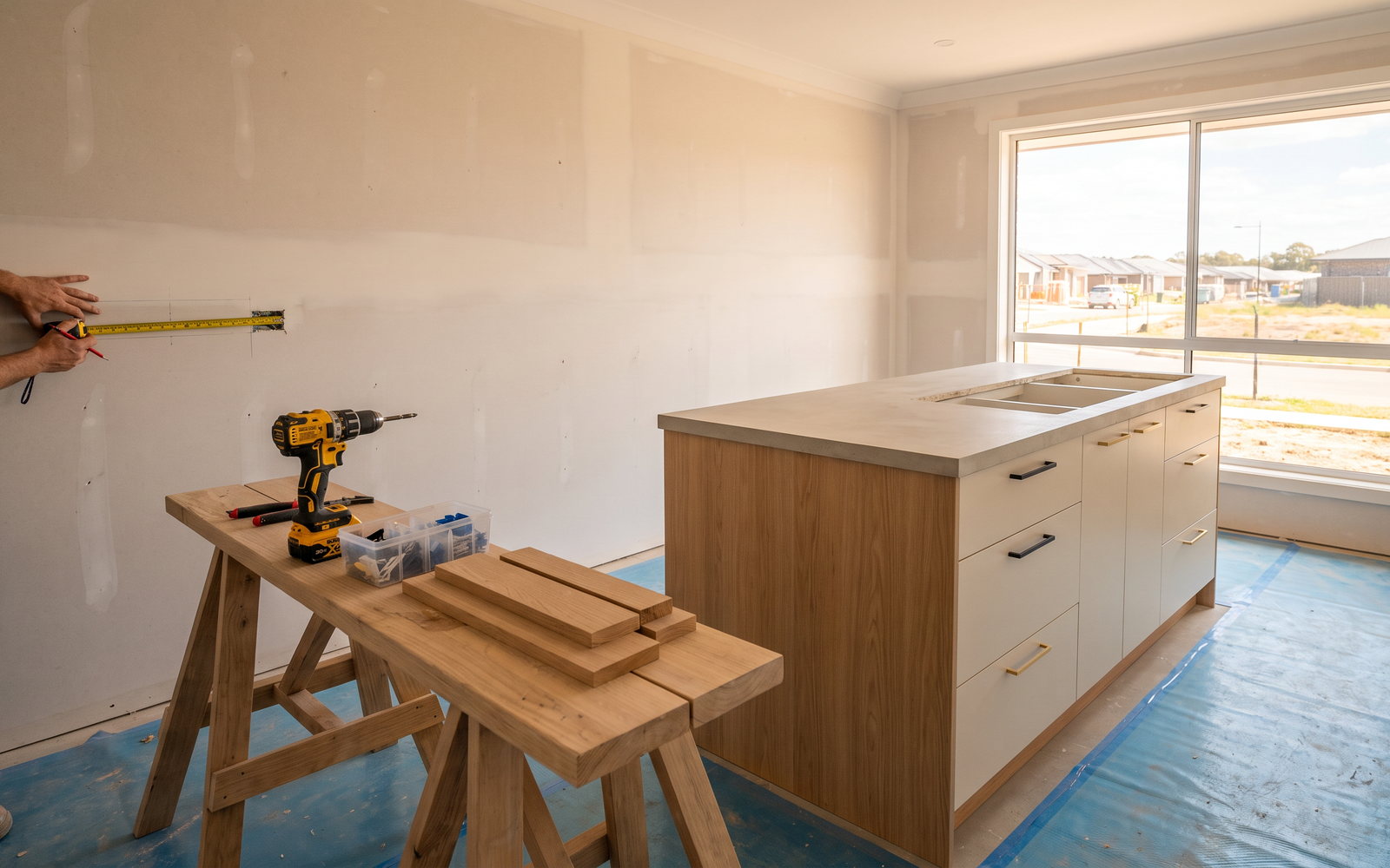 Joiner measuring service points before second-fix cabinetry installation in a new home