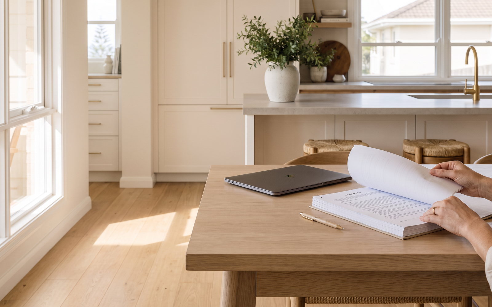 NSW building licence check in New South Wales — SteepWood custom joinery Homeowner reviewing NSW licence and contract documents before joinery deposit